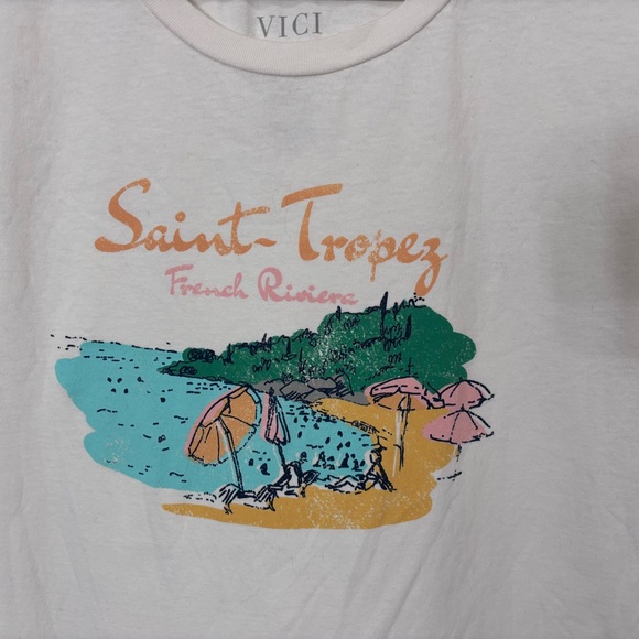 VICI Short Sleeve Saint-Tropez Graphic Tshirt Size Small OffWhite, Teal Blue - Picture 3 of 8